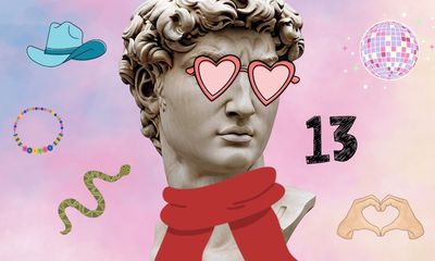 Ancient Greek bust wearing heart sunglasses and a red scarf surrounded by Taylor Swift iconography
