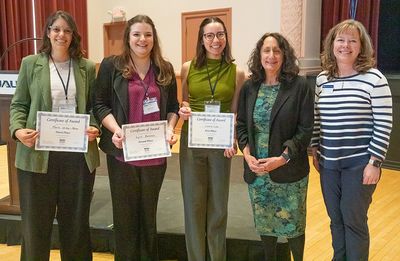 Maria Uribe-Perez, Laura Bonomo and Laura Lee with Provost Karen Pugliesi and Vice Provost Laura Bounds