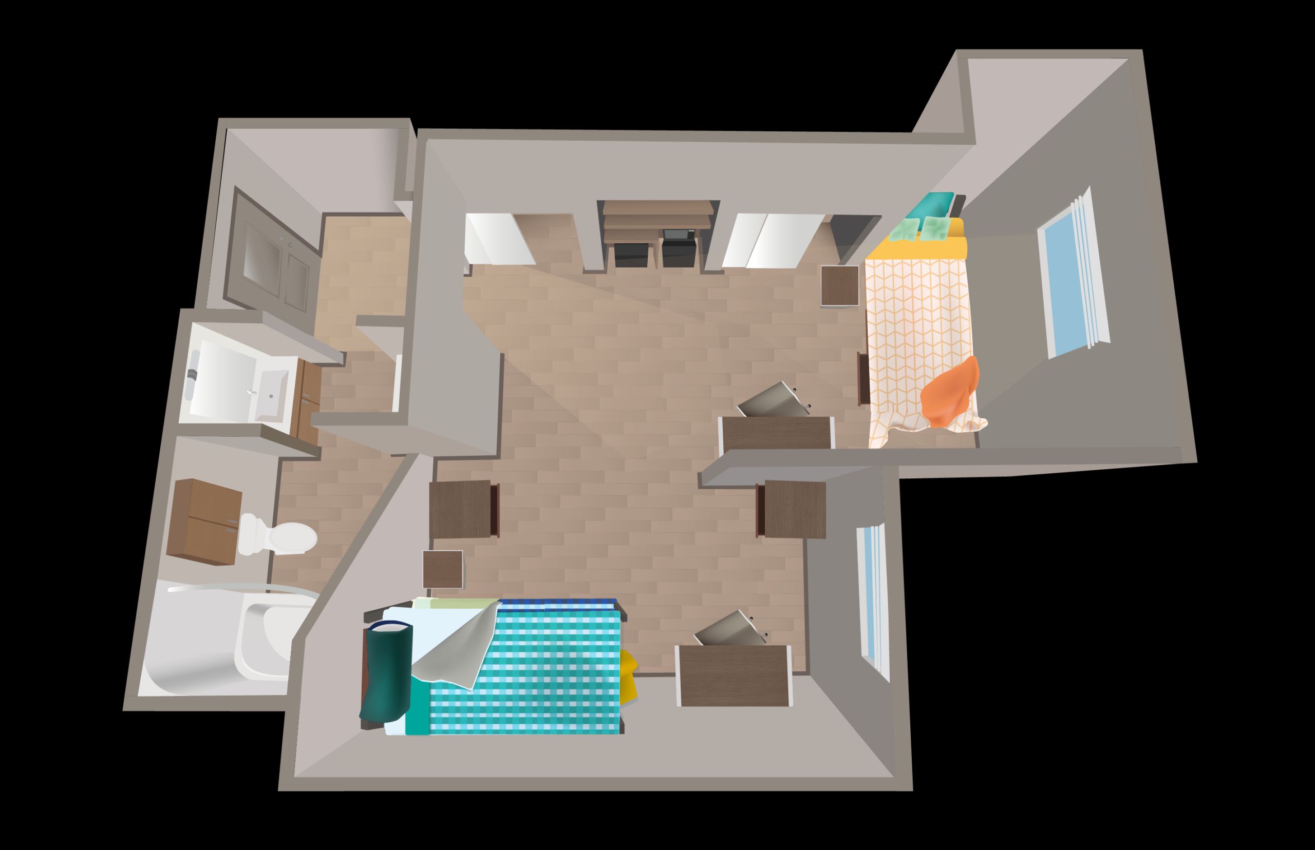The Honors College triple room layout rendering.