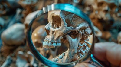 A skull with teeth being looked at with a magnifying glass