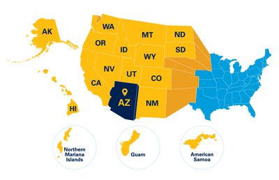 A map of WUE eligible states, including: AK, WA, MT, ND, OR, ID, WY, SD, NV, UT, CO, CA, NM, NM, Northern Marian islands, Guam, and American Samoa.