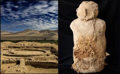 A picture Huaca del Loro in Peru next to one of a mummified individual found in that archaeological site