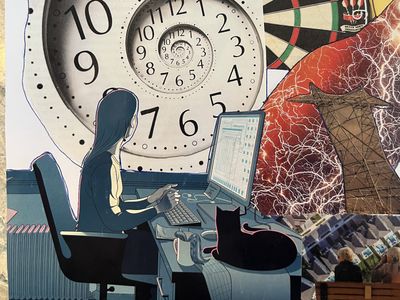 Collage created at the Story Lab. It shows a clock in a spiral, a silhouette sitting on a chair typing on a typewriter and a black cat.