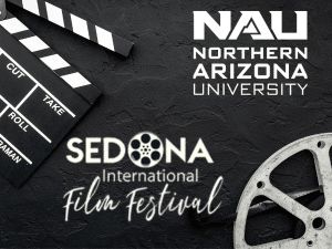 Graphic with movie reel Northern Arizona University logo and Sedona International Film Festival logo