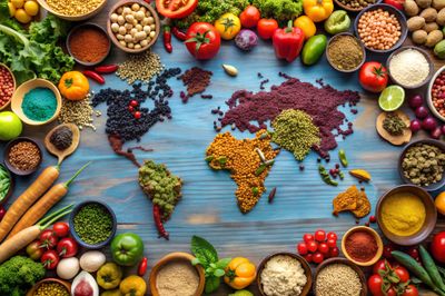 Map of the world made with spices surrounded by fruits and vegetables from different countries.