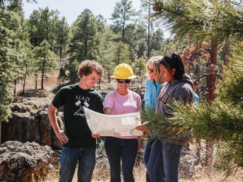 Four students looking at a map in the forest.