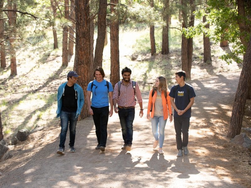 Five students walking with their backpacks at Buffalo park.