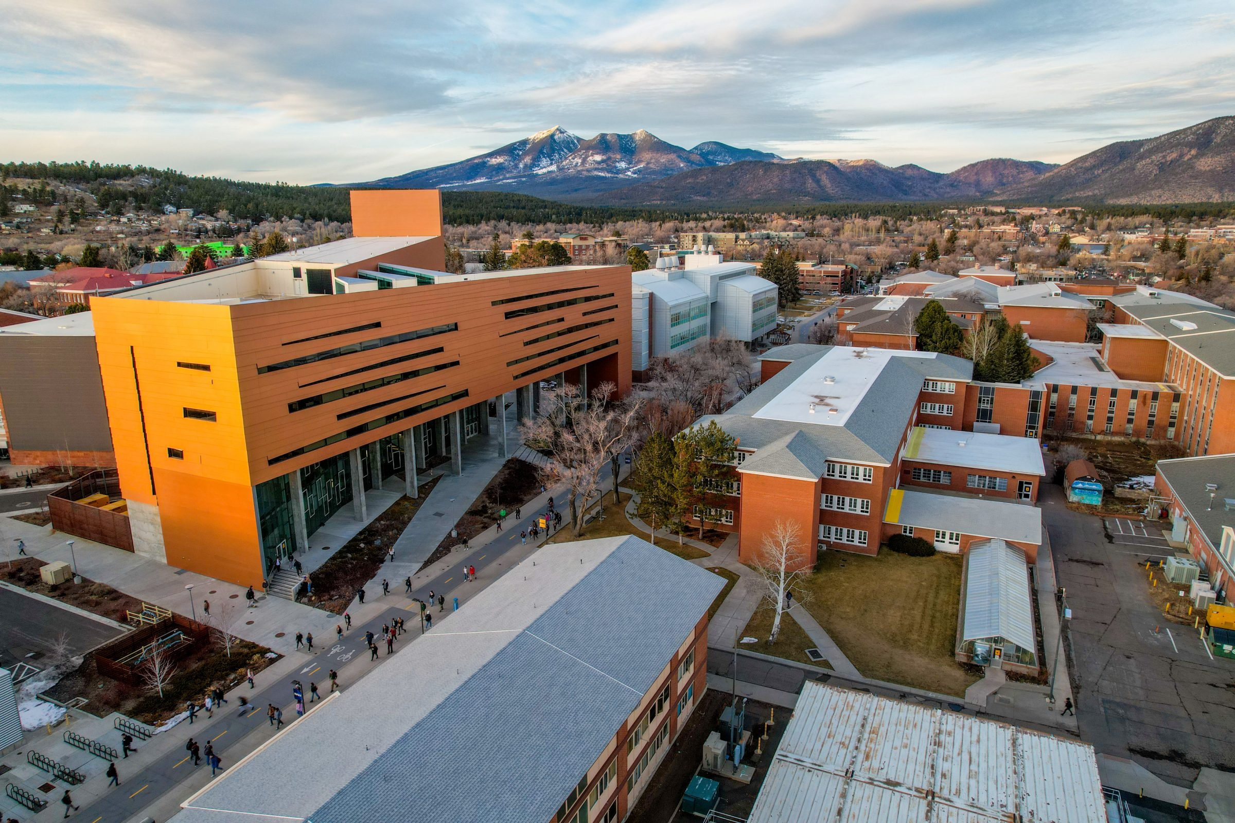Campus overview showing science and liberal arts buildings, the north campus pedway, and the San Francisco peaks.
