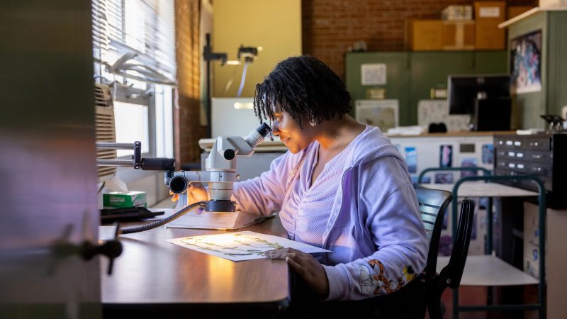 Student looking into a microscope.