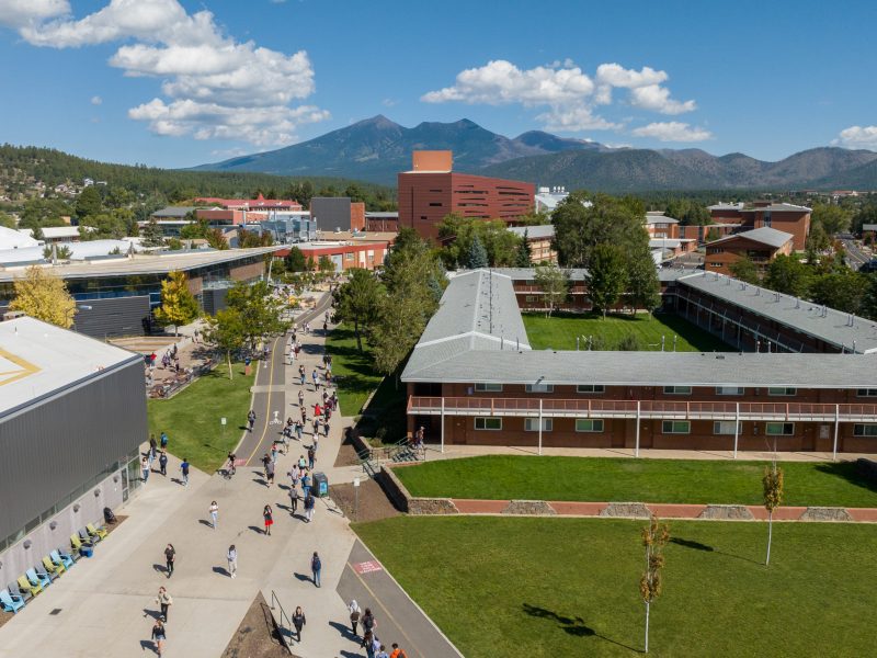 Ariel drone shot of the N A U campus in Flagstaff, Arizona.