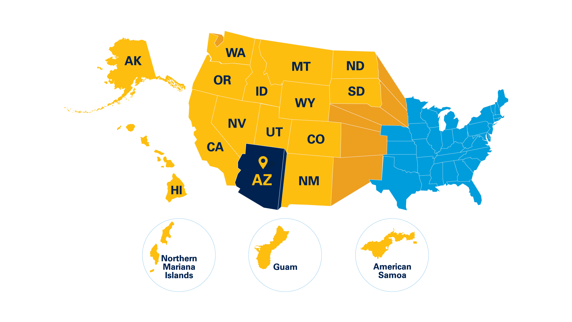 Map of the United States in blue and gold. Residents of gold states are eligible for W U E, including: Alaska, Hawaii, Washington, Oregon, Idaho, Montana, Wyoming, North and South Dakota, California, Nevada, Utah, Colorado, and New Mexico. The remaining states in blue are not eligible.