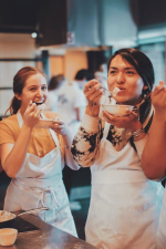 students eating rice