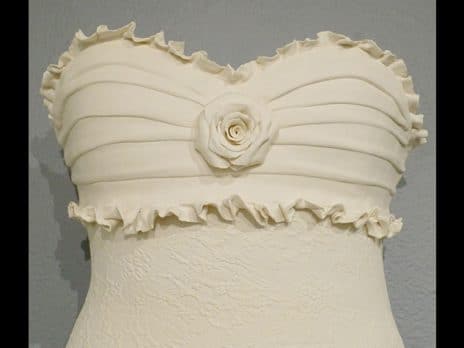 Close up of ceramic wedding dress corset, by student Katharina Roth