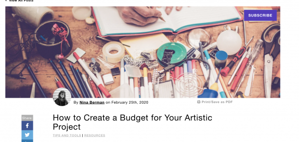 artsitic materials spread out on a desk, tyext reading: " How to Create a Budget for Your Artistic Project"  - click to read article
