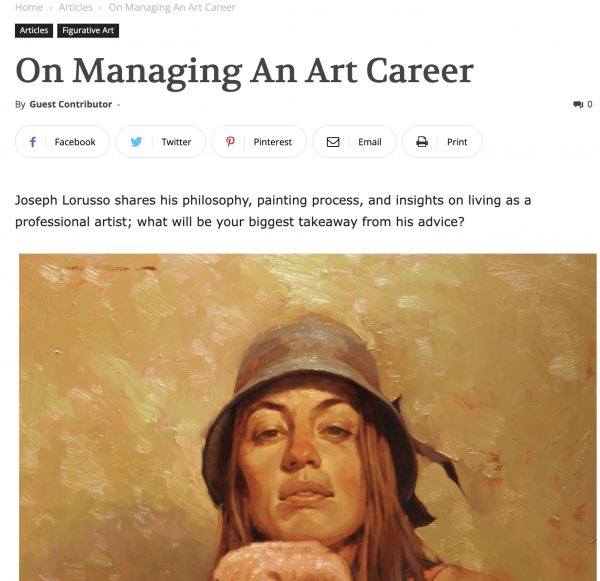 Realistic painting of a woman with text "On Managing an Art Career" - click for full text artickle