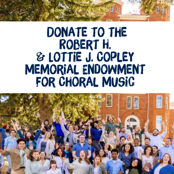 choir leaping in front of old main, text: Donate to the Robert H. and Lottie J. Copley Memorial Endowment for Choral Music