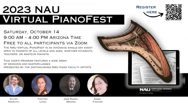NAU 2023 Virtual piano festival - image of warped piano coming out of ipad screen and four piano faculty headshots. text duplicated below