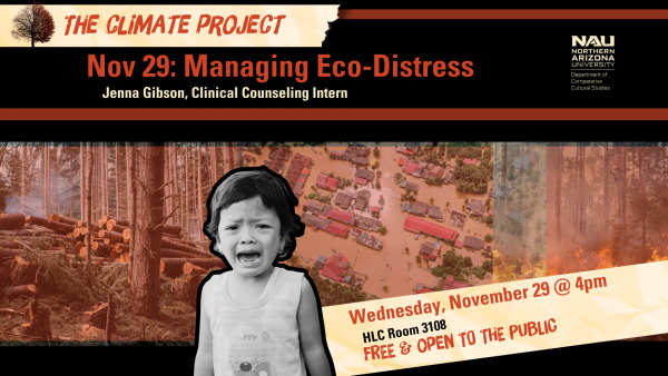 toddler crying in front of logging operation, flood, and forest fire. text replicated below