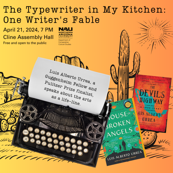 The image shows an old-fashioned typewriter against a desert landscape with images of the covers of the speaker's books. 