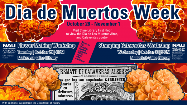 De de muertos week poster with images of flowers; text on poster is repeated in text of website news post.