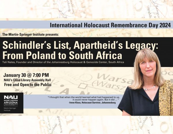 The flyer shows a map of Poland in the background with a woman in front with the quote "I thought that when the world learned what had happened to us, it could never happen again. But it did..."-Irene Klass, Holocaust Survivor, Johannesburg. The rest of the text repeats the long description.