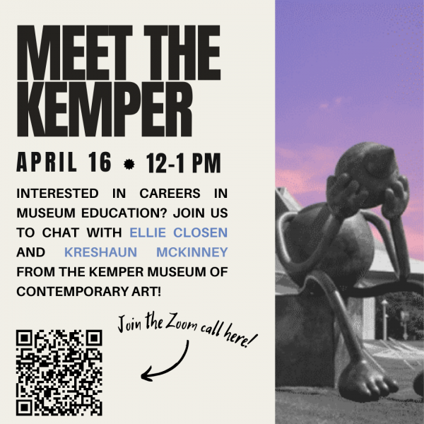 The flyer shows a work of contemporary art outside of the Kemper Museum against a purple and pink background. The long description repeats the text.