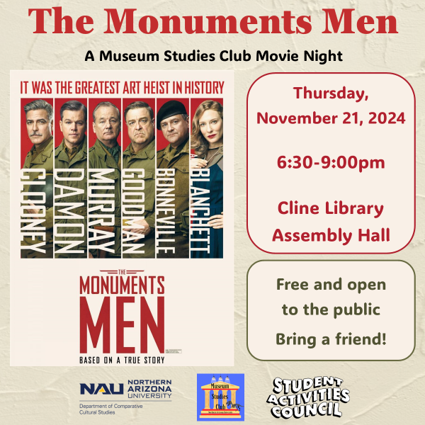 Monuments Men event flyer with image of film cover featuring 6 actors' headschots. Text on flyer is repeated in event description on web post.