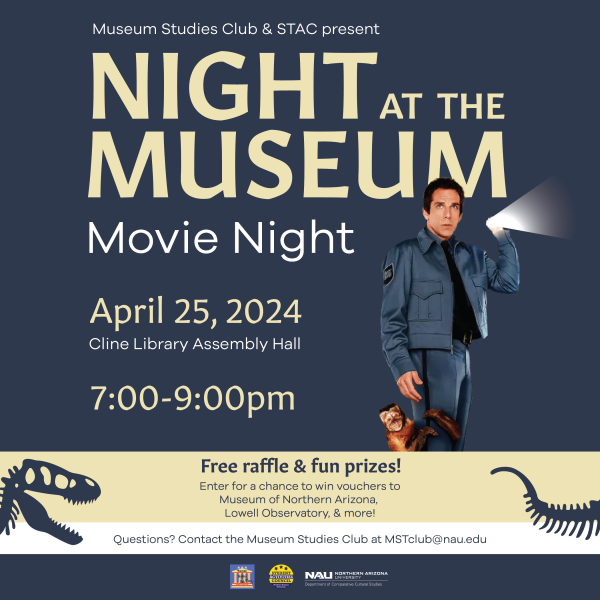 The image shows a museum guard holding a flashlight with a monkey clinging to his leg and a graphic of a t-rex skeleton. The long description repeats the text on the flyer. 