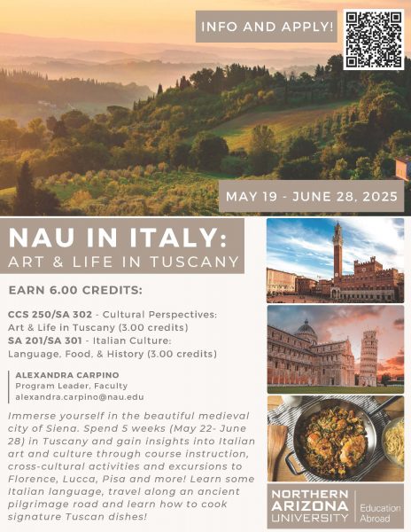 NAu in Italy flyer with images of Tuscany countryside, buildings, and food, text is repeated in body of webpage.