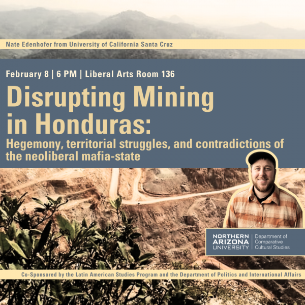 The image depicts a sepia via of resource extraction against a barren landscape with a small image of a man in a flannel shirt and ball cap. The long description repeats the text in the image.