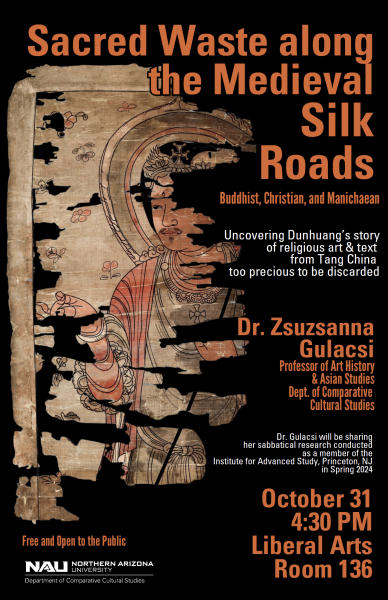 Orange and black flyer for event includes an image of distressed Medieval Buddhist art featuring a human figure gesturing to the left and small flowers. Text on flyer is repeated in event post. 