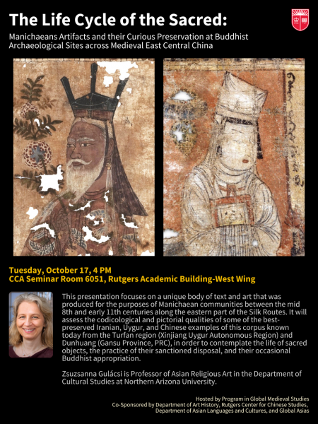 This image is a flyer for Dr. Gulacsi"s talk at Rutgers University. The text repeats the long description. The image includes two images of ancient scrolls and a photo of Dr. Gulacsi. 