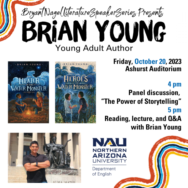 Brian Young to give author talk, headhot of smiling author, two book covers. Place and time duplicated below