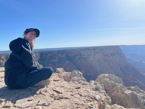 Professor Lefty on a cliff overlooking a forest.