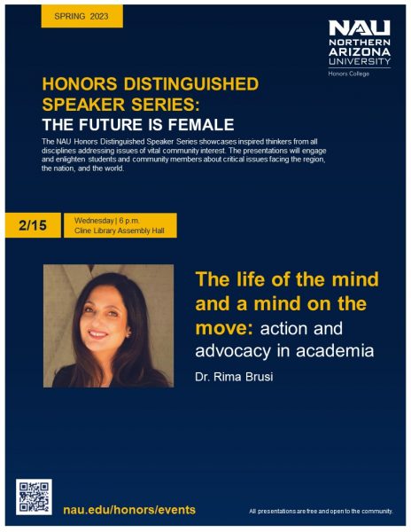Dr. Rima Brusi, The life of the mind and a mind on the move: action and advocacy in academia; 6pm 2/15/2023, Cline Assembly Hall