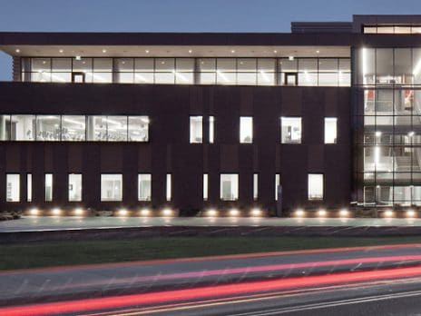 The health and learning center during dusk.