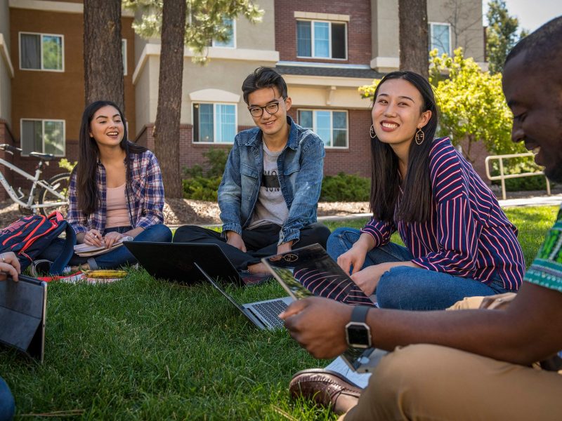 Students sit in a circle on the lawn while working on their laptops.