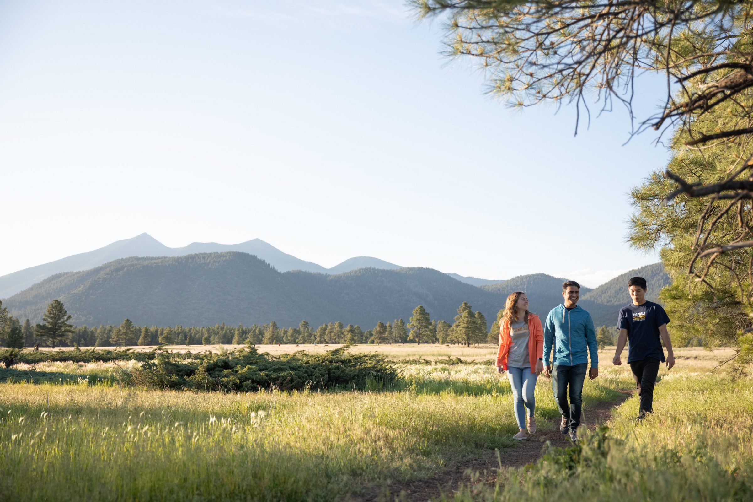 Three people on a hiking trail with mountains in the background.