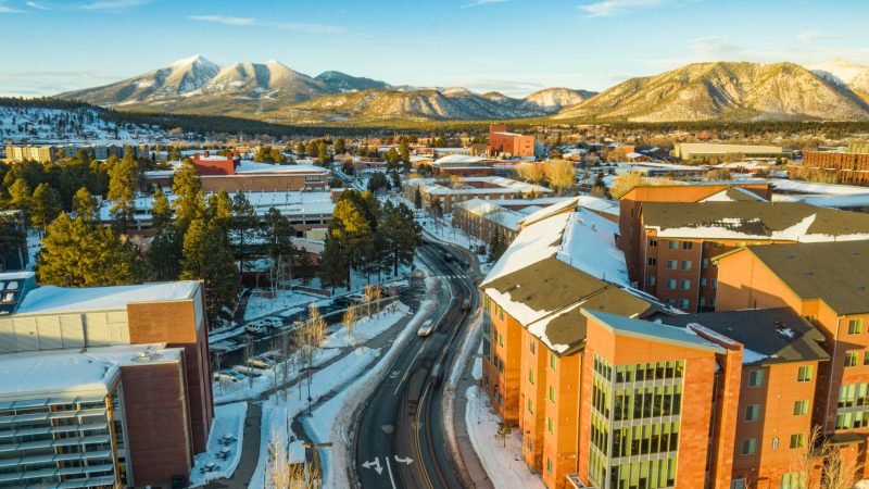 Drone view of N A U Flagstaff campus in winter.