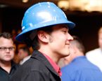 NAU Construction Management student wearing a blue hard hat
