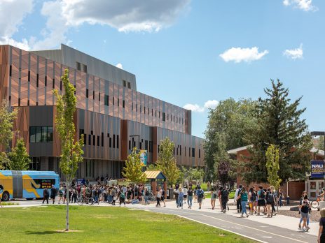 A photo of the Pedway on NAU's Flagstaff campus, with students walking on a sunny day.