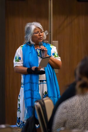 Sally Ann Gonzales speaking on legislation and policy at the 2023 Annual Inter-tribal Cancer Health Equity Forum.