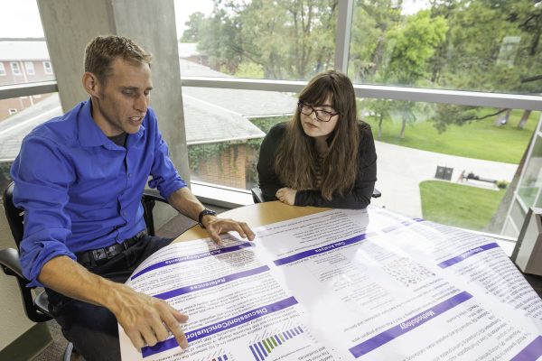 Two people are sitting at a round table with a poster on it. One is a professor and one is a student. The professor is pointing to a chart on the poster. 