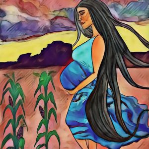 An illustration of a pregnant Hopi woman in a field of corn by Bre Taylor.