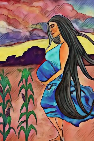 An illustration of a pregnant Hopi woman in a field of corn by Bre Taylor.