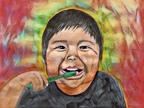 An illustration of a Hopi child brushing their teeth.