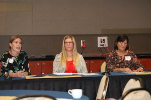 Barbara-Ann Heerkens, Northern Arizona Healthcare, Taryn Kunkel, Flagstaff Unified School District, and Theresa Kulpinski, Coconino County Health & Human Services, take questions from the crowd at the May 18 ABRC workshop.