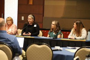 Tori Damjanovic, NAU, Rebecca Cirzan, NAU, Jamie Smith, FUSD, Rene RedDay, Building Community Flagstaff, and Virginia Watahomigie, Coconino Coalition for Children and Youth, take questions from the crowd at the May 18 ABRC workshop.