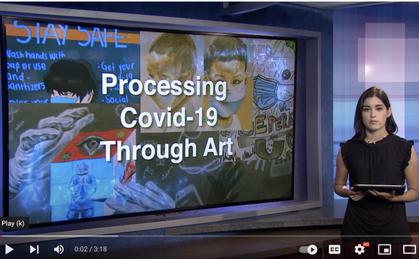 Screenshot of Cronkite News reporter. She has long, straight brown hair and is wearing a black, sleeveless dress. She is holding an iPad. Behind er is a collage of all of the AZ CEAL art contest winners with the words "Processing Covid-19 Through Art" on the screen