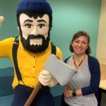 Headshot of Rebecca Cirza from the NAU College of Education, and NAU Mascot, Louie the Lumberjack.